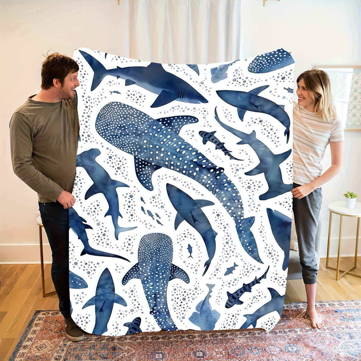 A Soft And Cozy Flannel Blanket Featuring a Marine Blue Whale Shark Theme, Perfect for Home Use.