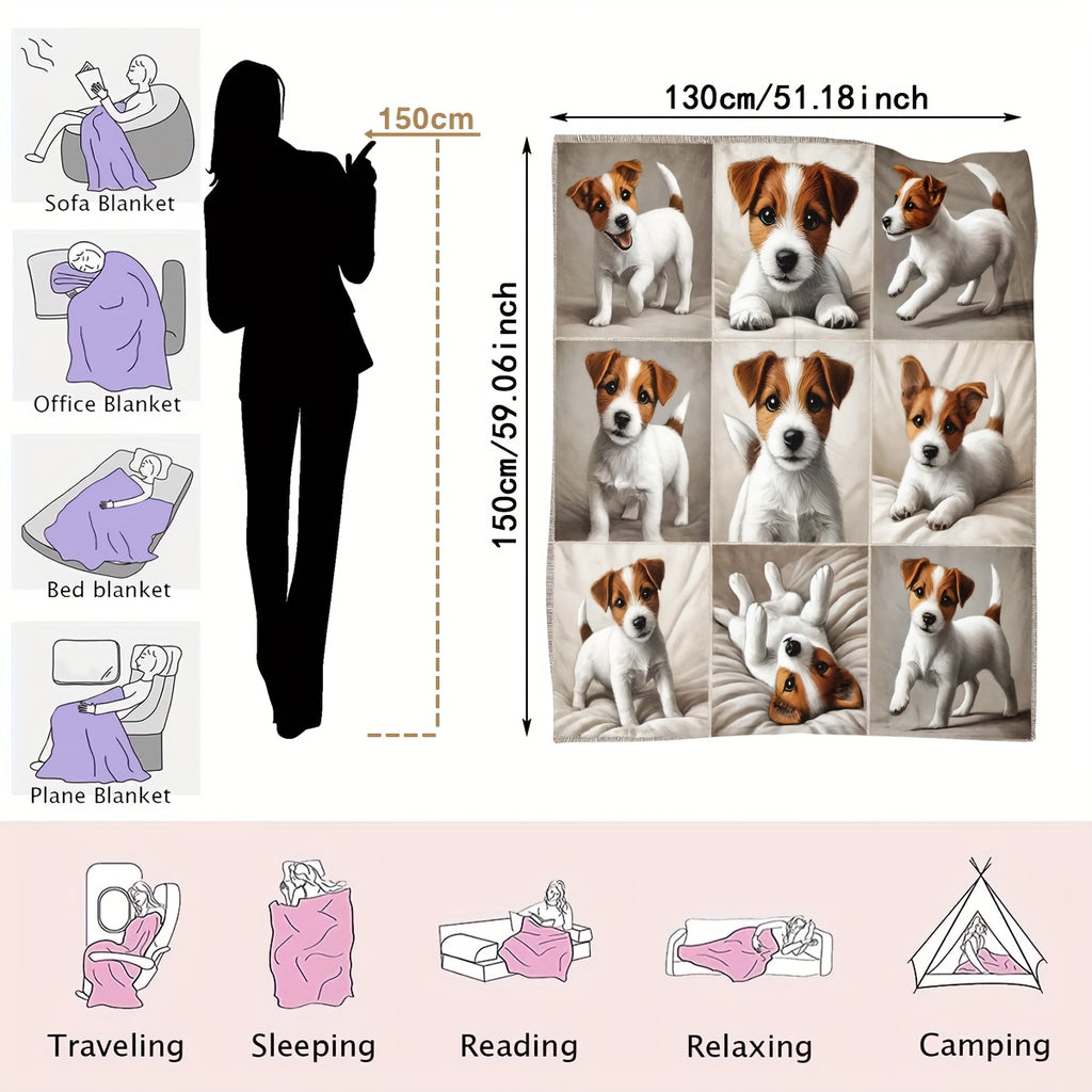 1pc Jack Russell Terrier Pattern Flannel Blanket, Soft Comfortable Warm, Beige And Brown Design, Durable Plush, All-Season Bed Blanket, Warm Cover, Multiple Sizes Available, Suitable for Living Room Sofa, Bedroom Bed, Reading Corner, Leisure Time