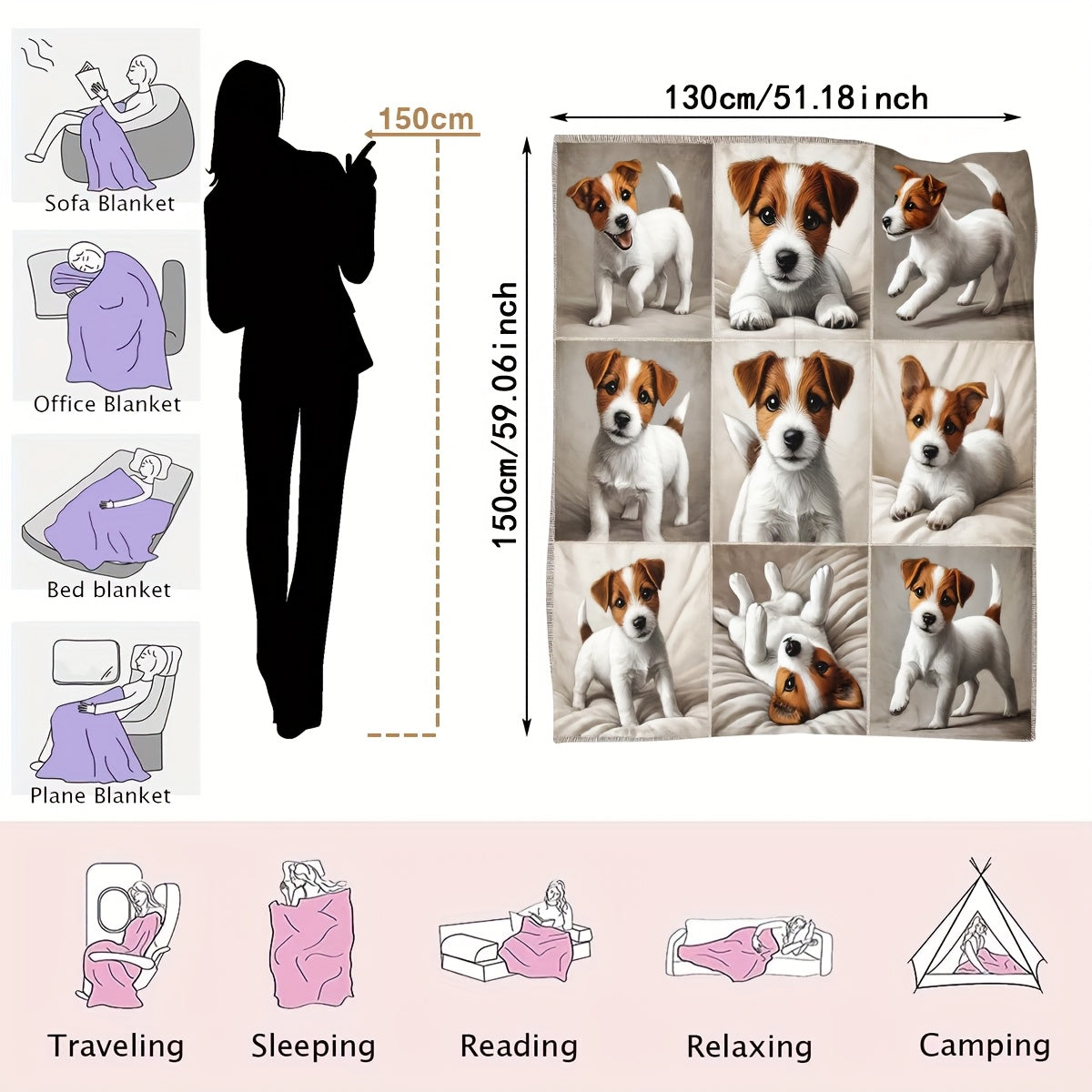 1pc Jack Russell Terrier Pattern Flannel Blanket, Soft Comfortable Warm, Beige And Brown Design, Durable Plush, All-Season Bed Blanket, Warm Cover, Multiple Sizes Available, Suitable for Living Room Sofa, Bedroom Bed, Reading Corner, Leisure Time