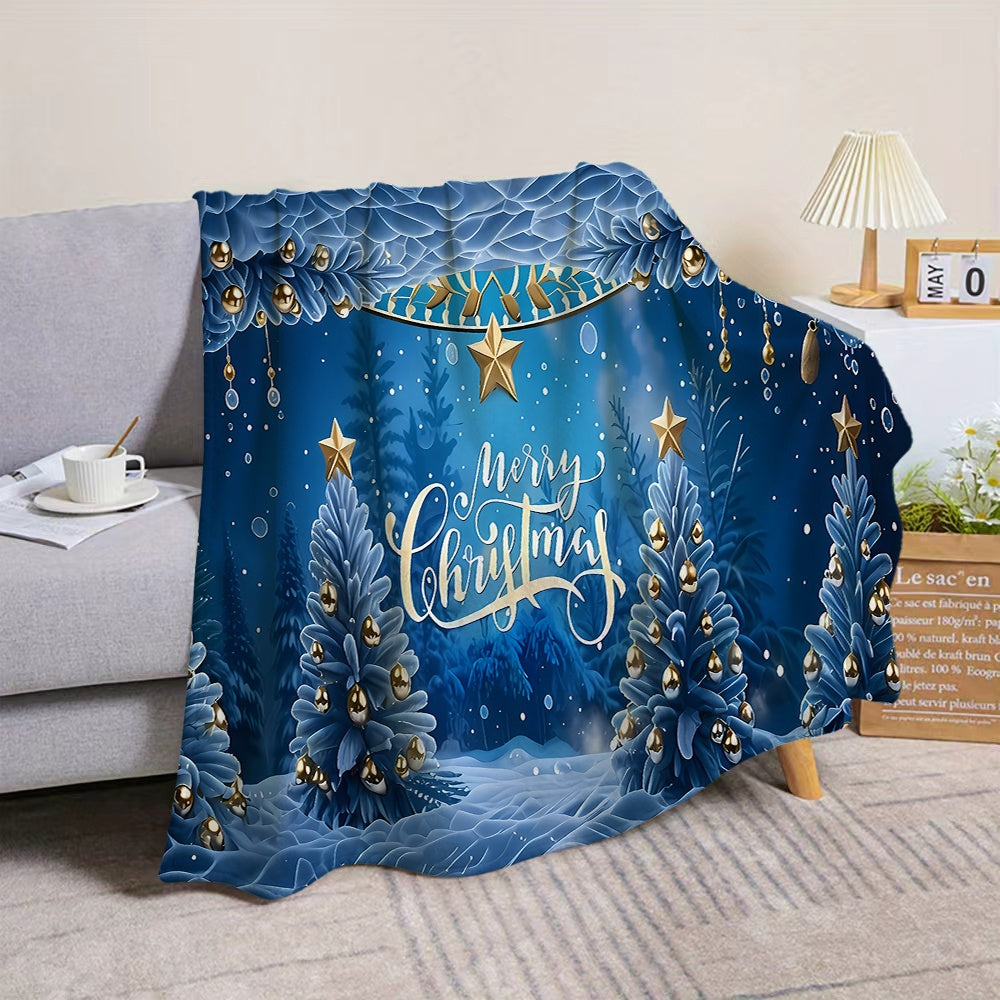 1pc Christmas Blue Pine Tree And Golden Star Pattern Flannel Blanket, Soft Comfortable Warm, Deep Blue Main Color Design, All-Season Sofa Blanket, Warm Cover, Multiple Sizes Available, Suitable for Living Room Sofa, Bedroom, Reading Corner