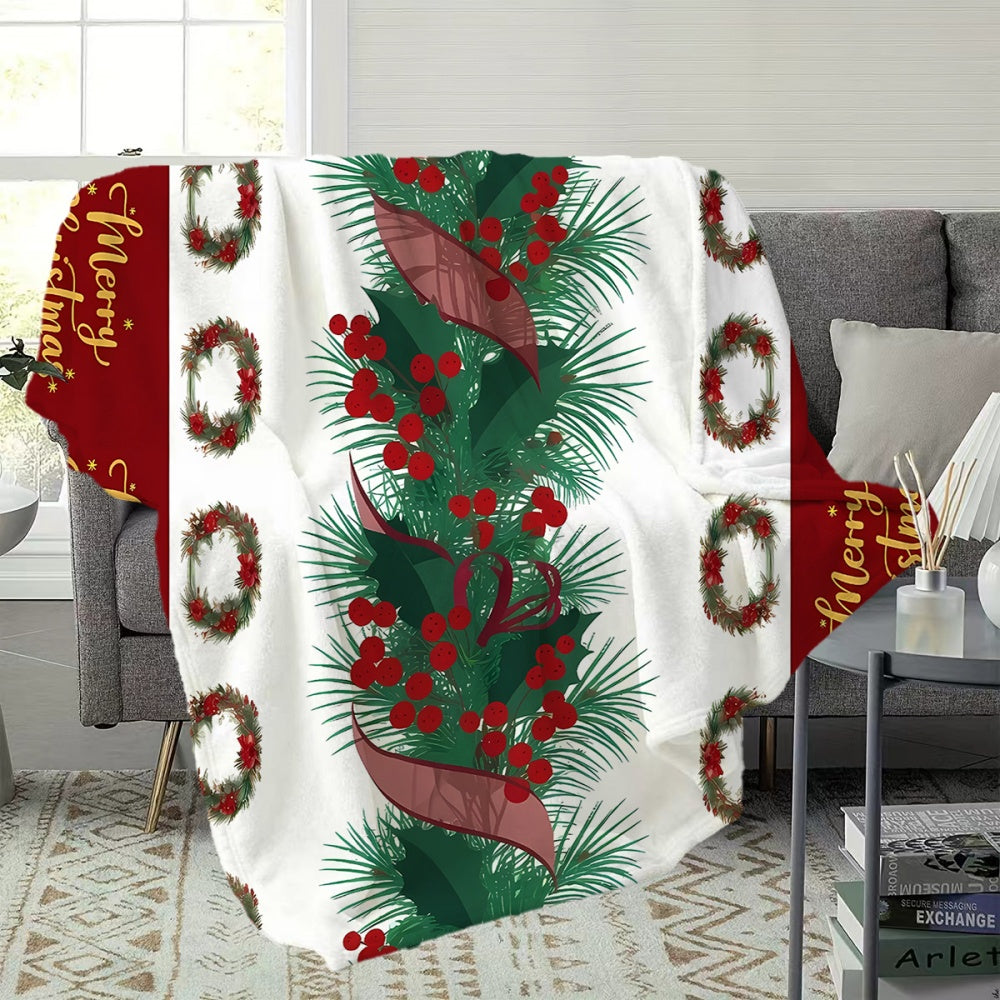 1 Christmas Flannel Blanket with Pine Branch, Red Berries, and Wreath Patterns. Soft, Comfortable, and Warm. Features a Red, White, and Green Color Scheme. A Versatile All-season Sofa Throw and Warm Lap Blanket. Available in Multiple Sizes