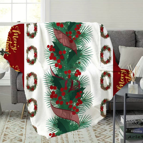 1 Christmas Flannel Blanket with Pine Branch, Red Berries, and Wreath Patterns. Soft, Comfortable, and Warm. Features a Red, White, and Green Color Scheme. A Versatile All-season Sofa Throw and Warm Lap Blanket. Available in Multiple Sizes