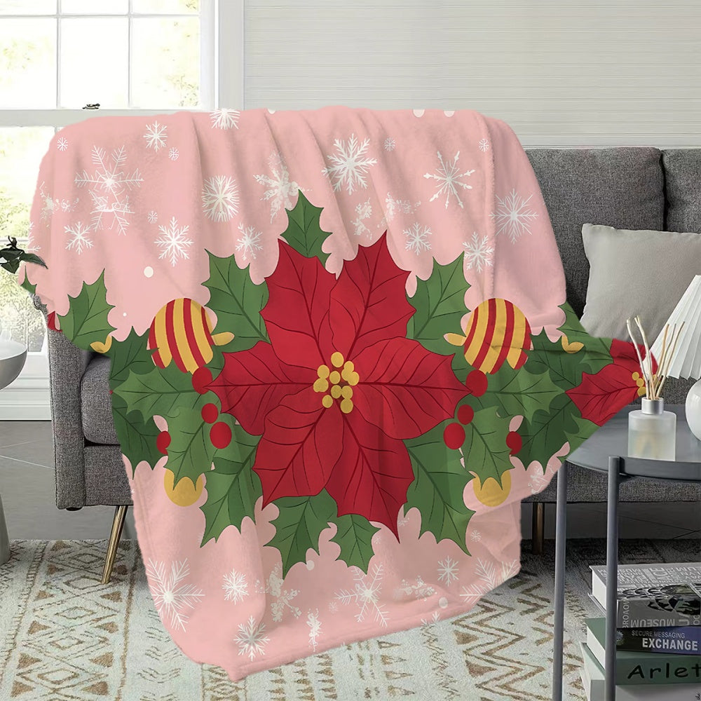 1pc Christmas Red Green Wreath And Snowflake Pattern Flannel Blanket, Soft Comfortable Warm, Pink Design, All-Season Sofa Blanket, Warm Cover, Multiple Sizes Available, Suitable for Living Room Sofa, Bedroom, Casual Reading, Holiday Decor
