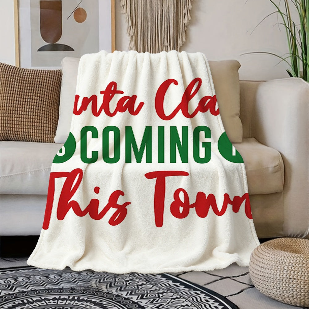1pc Christmas "Santa Claus Coming to This Town" Theme Cream Beige Flannel Blanket, Festive Decor Design, Soft Plush All-Season Use, Suitable for Holiday Home Decoration, Home Nap, And Weekend Sofa Relaxation