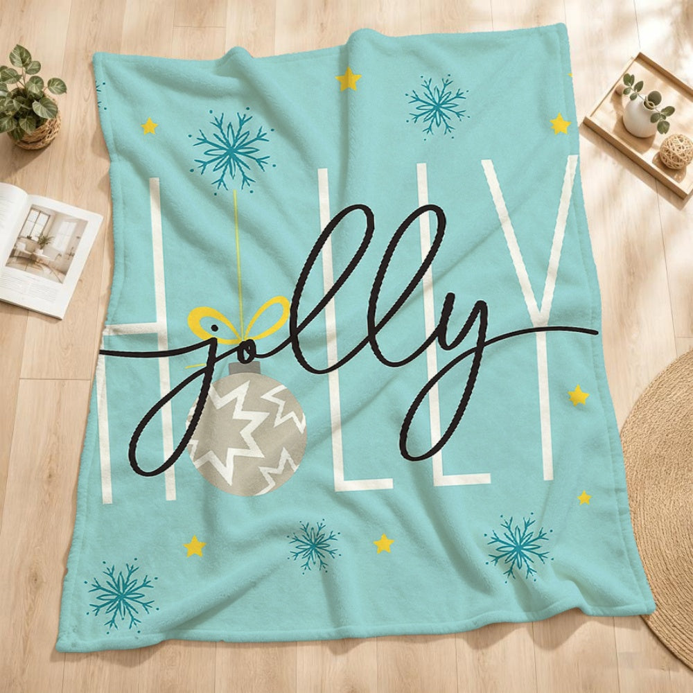 1pc Christmas "JOLLY" Theme Light Blue Flannel Blanket, Festive Decor Design, Soft Plush All-Season Use, Suitable for Reading Time, Seasonal Home Use, And Weekend Sofa Naps