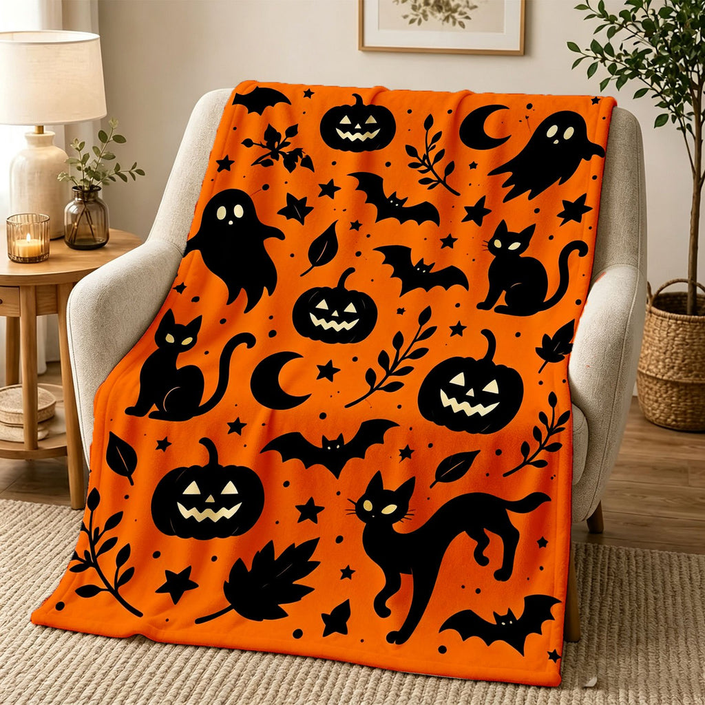 Halloween Fleece Blanket, Soft And Comfortable Throw, Pumpkin Cat Bat Pattern, Suitable for Office, Sofa, Living Room, Warm Decorative Item, Home Holiday Decor Gift