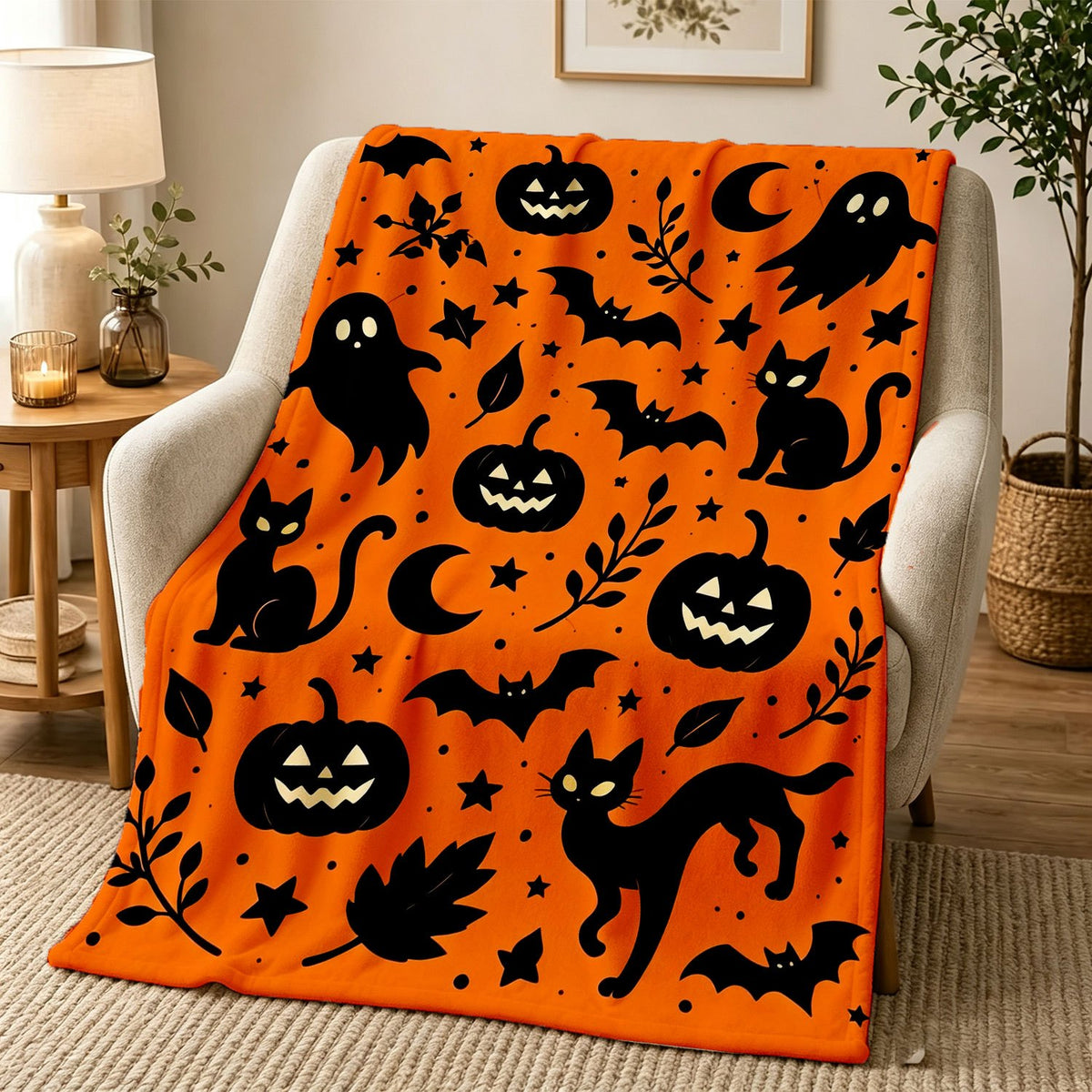 Halloween Fleece Blanket, Soft And Comfortable Throw, Pumpkin Cat Bat Pattern, Suitable for Office, Sofa, Living Room, Warm Decorative Item, Home Holiday Decor Gift