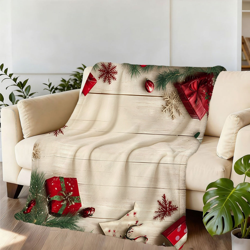 Christmas Gift And Snowflake Pattern, Red And Beige Design Flannel Blanket, Soft Comfortable Warm, All-Season Sofa Blanket, Warm Cover Blanket, Suitable for Living Room Sofa, Bedroom, Casual Reading, Holiday Decor, And Winter Heating