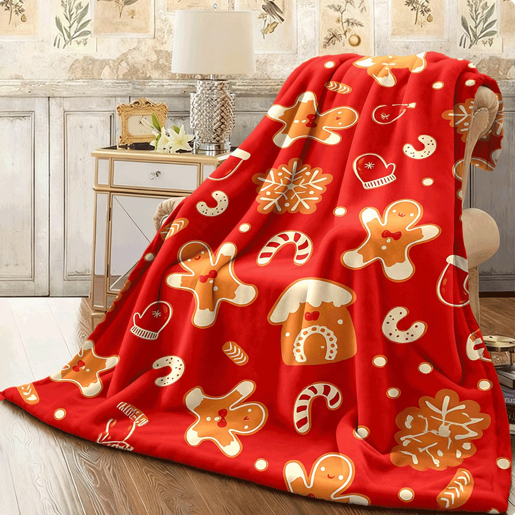 1pc Christmas Themed Gingerbread for Man & Holiday Elements Soft Flannel Blanket Warm Red Throw for Couch Festive Home Decor Cozy Christmas Gift