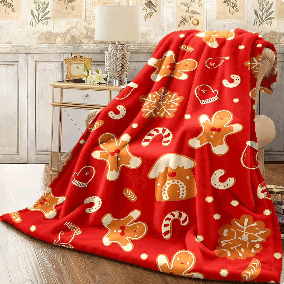 1pc Christmas Themed Gingerbread for Man & Holiday Elements Soft Flannel Blanket Warm Red Throw for Couch Festive Home Decor Cozy Christmas Gift