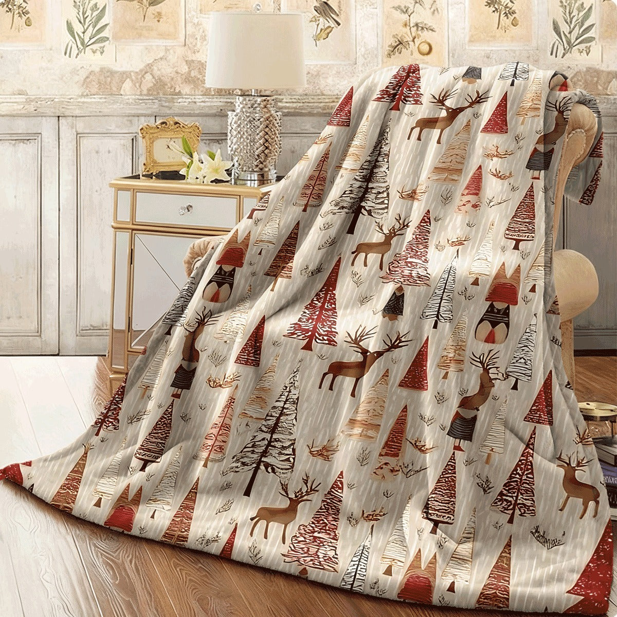 1pc Flannel Blanket Festive Christmas Winter Forest Pattern Soft Warm Throw, with Colorful Christmas Trees & Deer Snowman for Christmas Holiday Home Decor