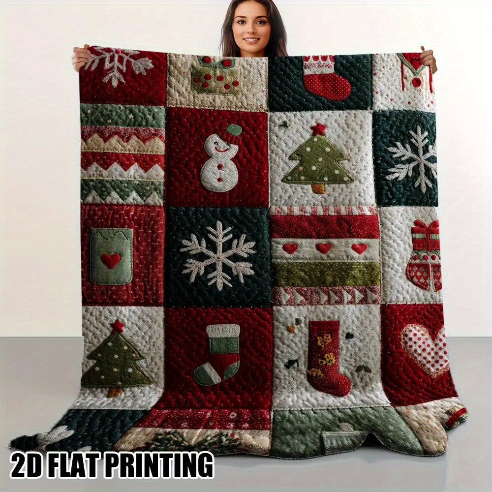 Cozy Christmas Quilt Print Flannel Throw Blanket- Soft, Warm, and Festive Design with Snowmen, Trees, and Holiday Decor- Perfect for Sofa, Bed, Chair, Living Room, or Office- Ideal Gift, Shipped Next Day, 280gsm, Christmas Decorations for Home