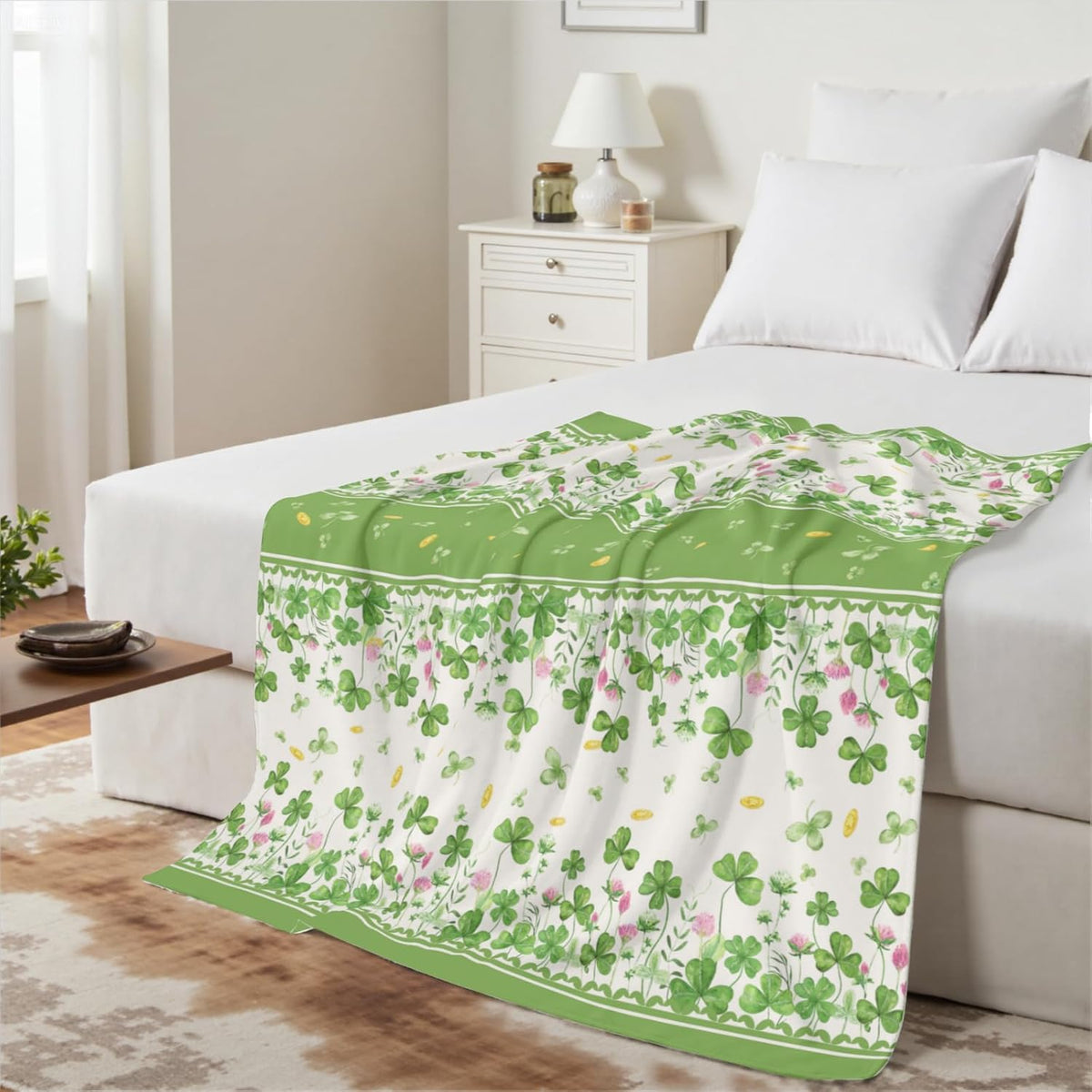 Green Shamrock Floral Throw Blanket | Lucky Green Clovers Golden Coin Farmhouse Decor Flannel Blanket 50x60 Inch Soft Sofa Fuzzy Warm and Cozy Throws for St Patricks Day Spring Couch and Gift