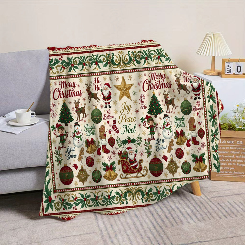 1pc, Santa And Reindeer Pattern Christmas Theme Flannel Blanket, Soft Comfortable Warm, Red Green Golden Design, Durable Plush, All-Season Sofa Blanket, Warm Cover, Multiple Sizes Available, Suitable for Living Room Sofa, Bedroom