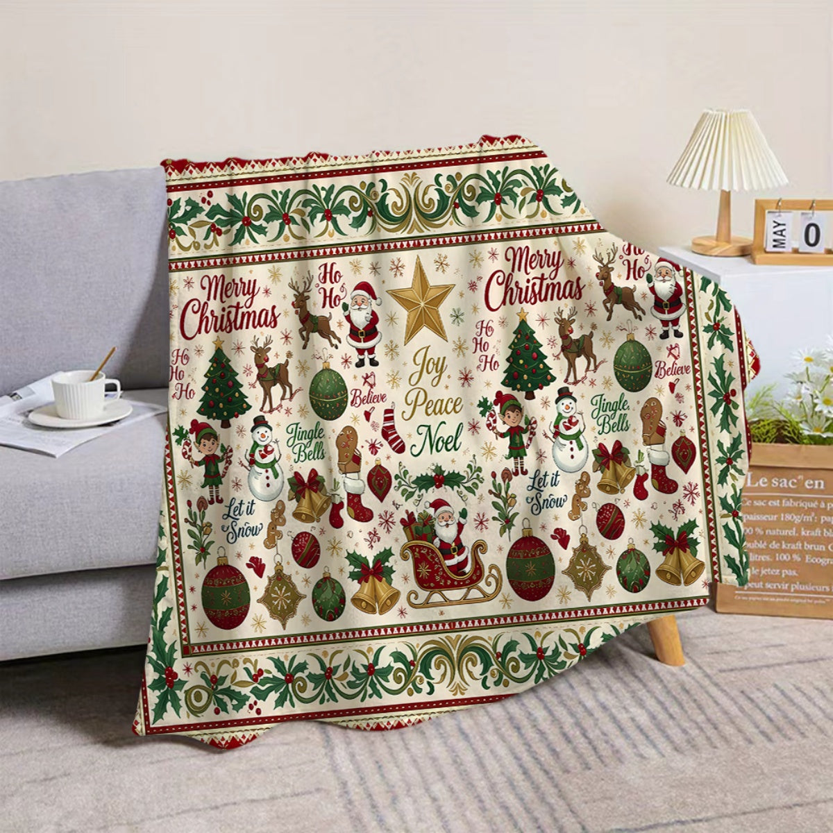 1pc, Santa And Reindeer Pattern Christmas Theme Flannel Blanket, Soft Comfortable Warm, Red Green Golden Design, Durable Plush, All-Season Sofa Blanket, Warm Cover, Multiple Sizes Available, Suitable for Living Room Sofa, Bedroom