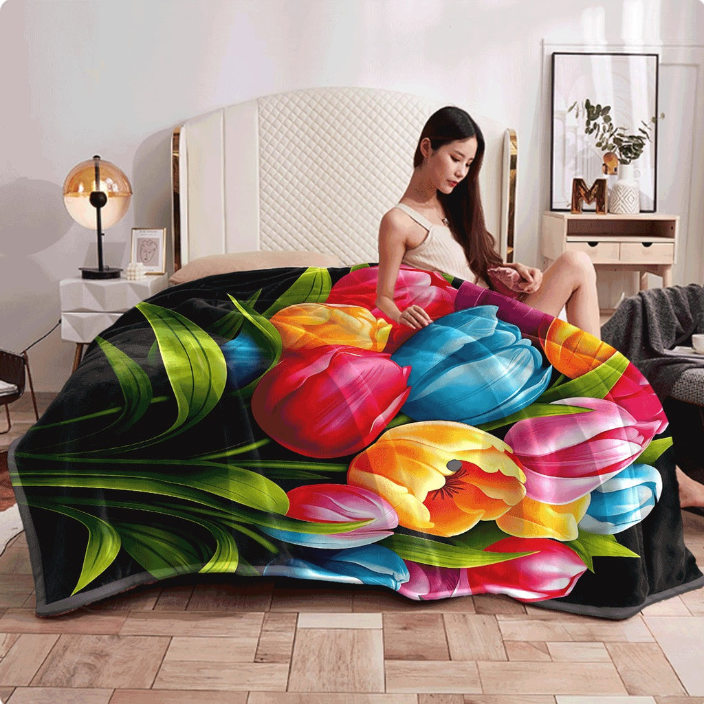 1pc Vibrant Colorful Tulip Bouquet Print Flannel Blanket Soft Cozy All-Season Throw for Couch Sofa Room Decor Beautiful Flower Design Warm Flannel Material