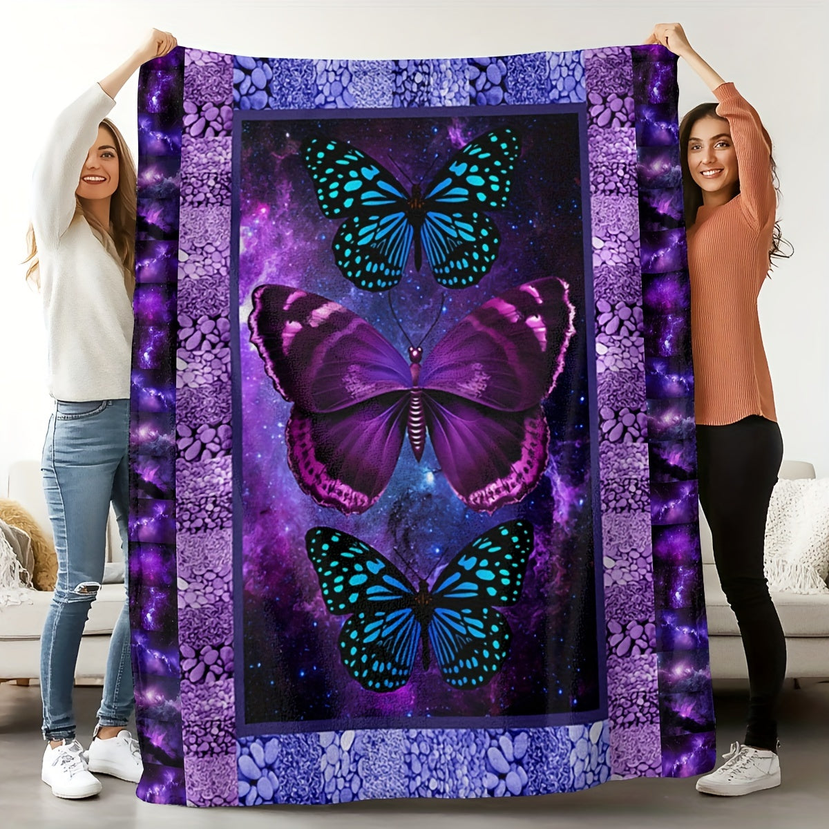 Purple Butterfly Flannel Blanket- Modern Style Reversible Digital Print Animal Theme, Suitable for All Seasons, Multifunctional Microfiber Bedding, Machine Washable- Moon Palace