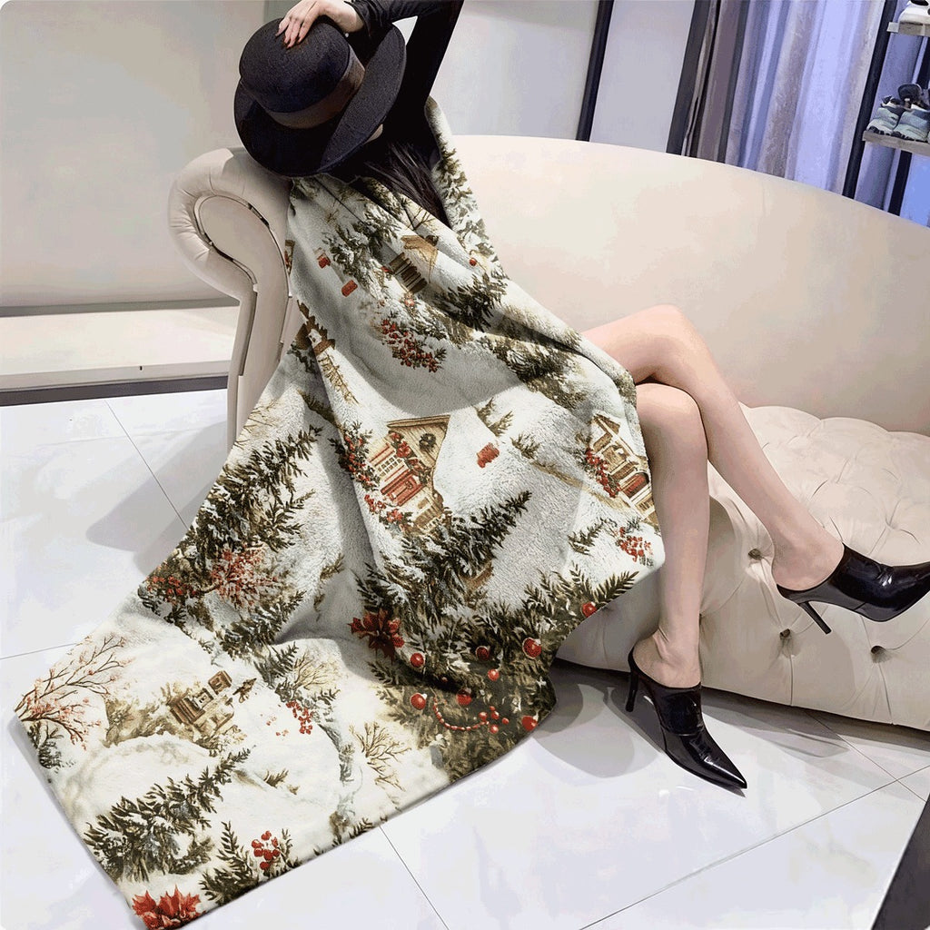 1pc Christmas Winter Village Flannel Blanket Snowy Cottages Trees Poinsettias Holiday Print Cozy Soft Fleece Throw for Couch All-Season Warm