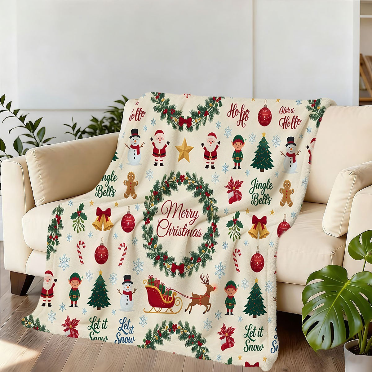 1pc, Santa Claus and Elf Christmas Tree Pattern Beige Flannel Blanket, Soft, Comfortable, and Warm, Festive Design, Durable Plush Surface, All-Season Universal Sofa Blanket, Warm Throw Blanket, Multiple Sizes Available, Suitable for Living Room