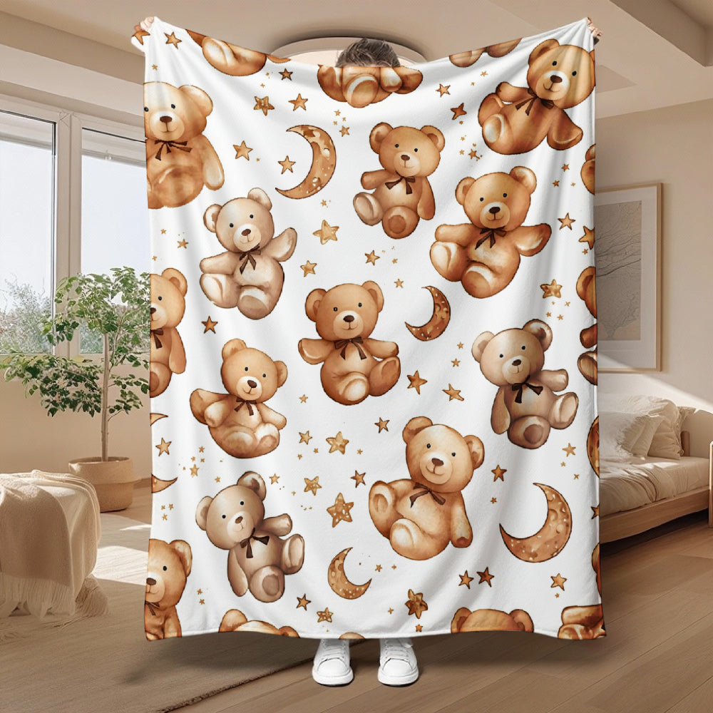 Cute Teddy Bear And Moon Patterned Blanket, Soft And Comfortable Sofa Bed Cover, Warm And Cozy Home Decor Gift, Multi-Purpose Warm Plush Blanket