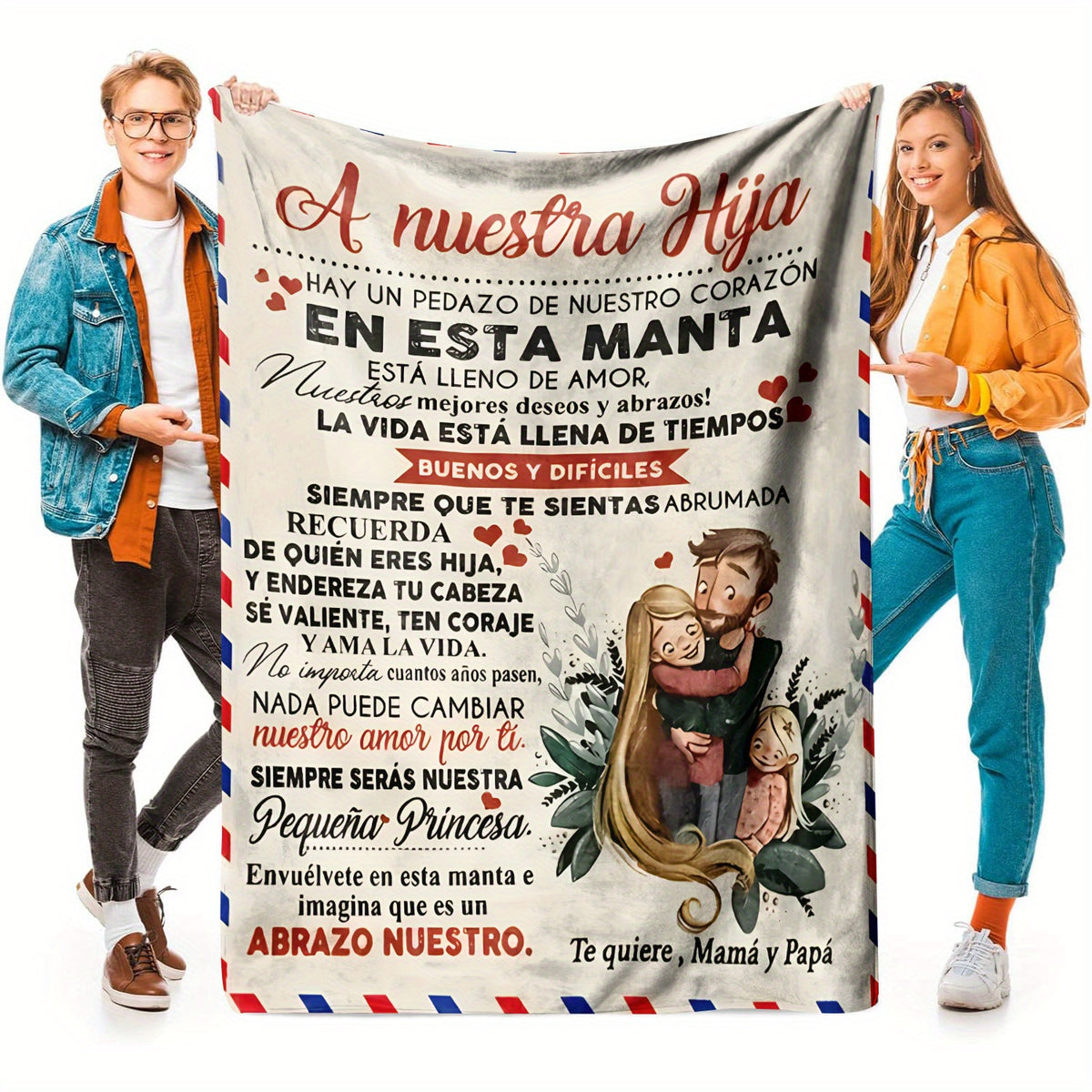 Spanish Love Letter Flannel Throw Blanket for Daughter, Soft Flannel, Contemporary Style, Polyester,, Digital Print, Mixed Colors, All-Season, Home Kitchen Bedding, 200-250g Square