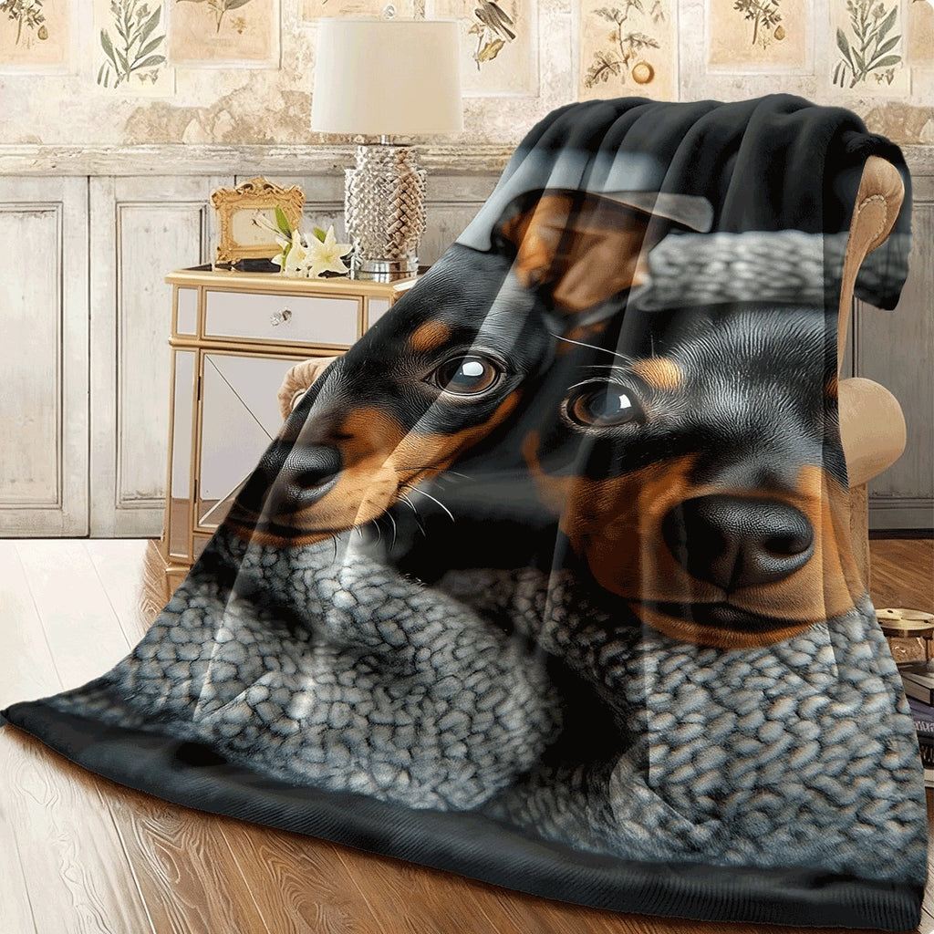 1pc Soft Single-Sided Printed Blanket Two Cute Black & Brown Miniature Pinscher Dogs Cozy All-Season Throw for Sofa Chair Car & Living Room Decor Vintage Style 100Count Perfect for