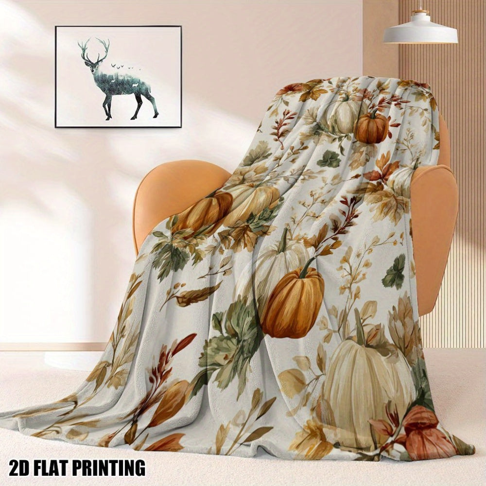 1pc Autumn Pumpkin Floral Pattern Flannel Blanket, Soft Comfortable Warm, Beige And Orange Design, Durable Plush Surface, All-Season Bed Blanket, Warm Cover, Multiple Sizes Available, Suitable for Bedroom, Living Room, Sofa, Balcony