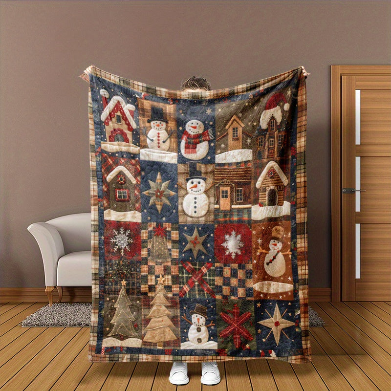 1pc Retro Patchwork Cute Christmas Snowman Flannel Blanket, Ultra-Soft, Comfortable, And Warm, Holiday Decoration for Home Blanket, Winter Must-Have Blanket, Suitable for Home, Office, Car, Sofa, And Multiple Scenarios