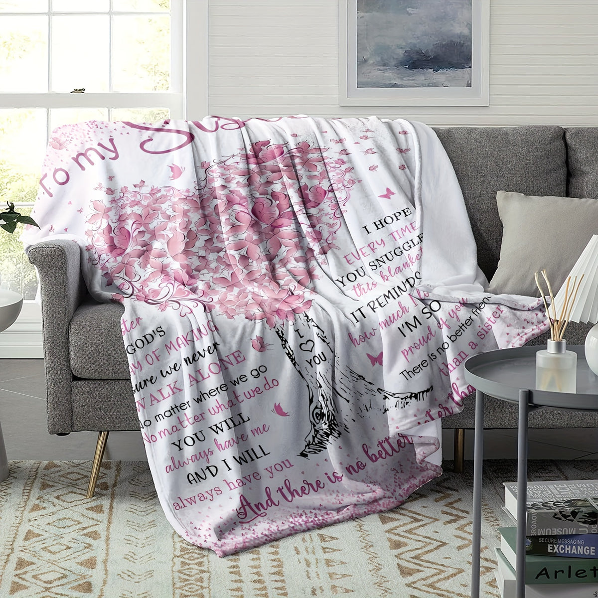Glam Style Hypoallergenic Flannel Throw Blanket for Sister | Digital Print Character Theme with Heart Tree Pattern, All Seasons Tear-Resistant Blanket, Machine Washable, Multipurpose Use for Sofa,, Travel, Camping - Perfect Gift for Sister