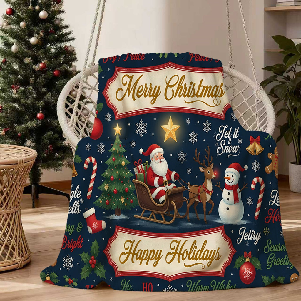 1pc, Santa Claus Sleigh and Reindeer Themed Dark Blue Flannel Blanket, Soft, Comfortable, and Warm, Festive Design, Durable Plush Surface, All-Season Universal Sofa Blanket, Warm Throw Blanket, Multiple Sizes Available, Suitable for Living Room