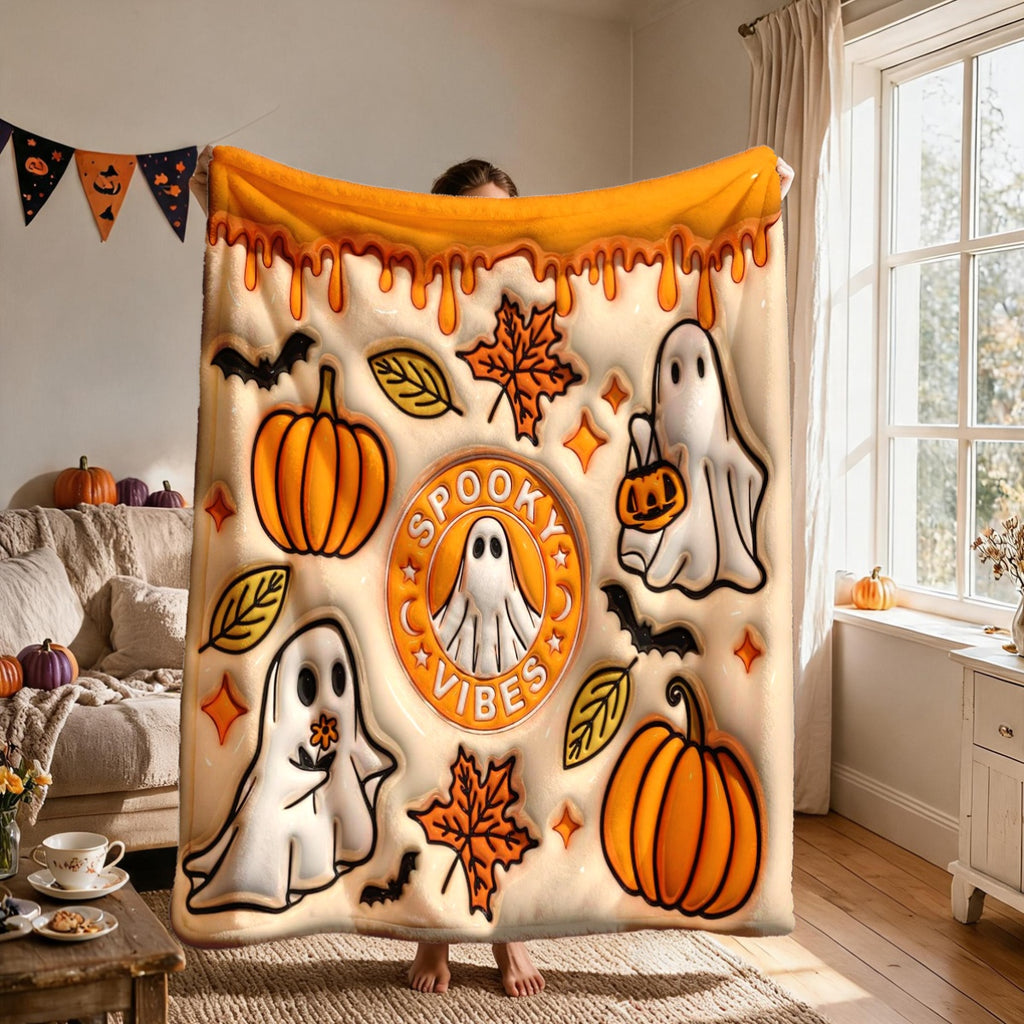 1pc 3D Embossed Ghost Pumpkin Maple Leaf Halloween Theme Flannel Blanket - Large Size, Soft, Lightweight, And Warm, Suitable for All Seasons - Perfect for Bed, Sofa, Office, Camping, And Travel - Ideal Choice for Blankets, Perfect Gift for Family
