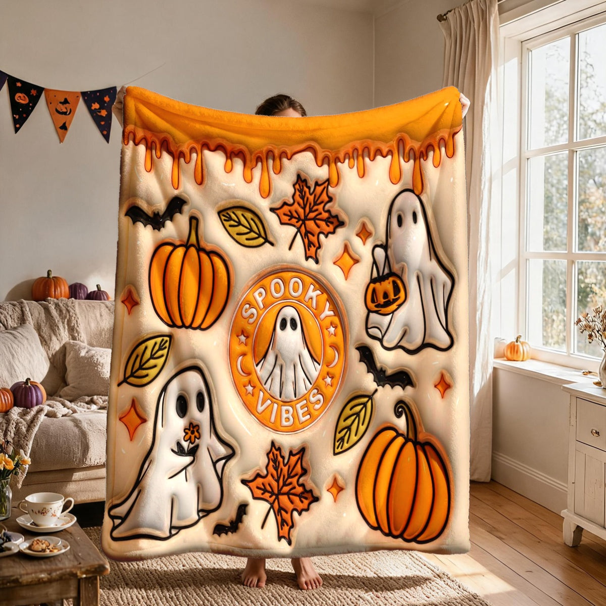 1pc 3D Embossed Ghost Pumpkin Maple Leaf Halloween Theme Flannel Blanket - Large Size, Soft, Lightweight, And Warm, Suitable for All Seasons - Perfect for Bed, Sofa, Office, Camping, And Travel - Ideal Choice for Blankets, Perfect Gift for Family
