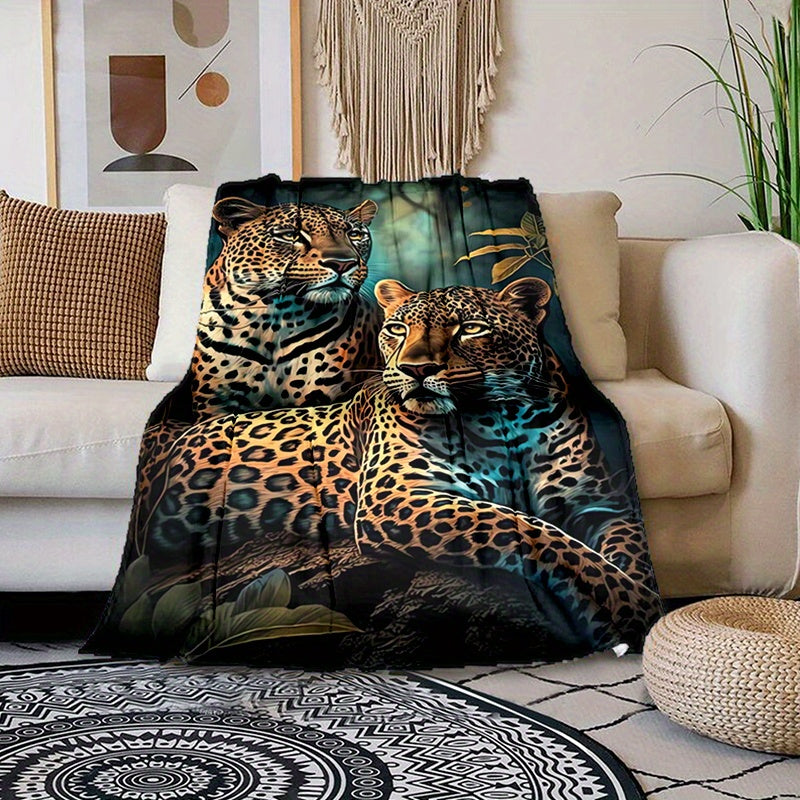 1pc, Leopard Print and Jungle-themed Flannel Blanket, Soft, Cozy, and Warm, Dark-toned Design, Durable Plush Surface, All-season Bed Throw, Warm Cover Blanket, Available in Multiple Sizes, Suitable for Living Room Sofas, Bedroom Beds, Office Breaks