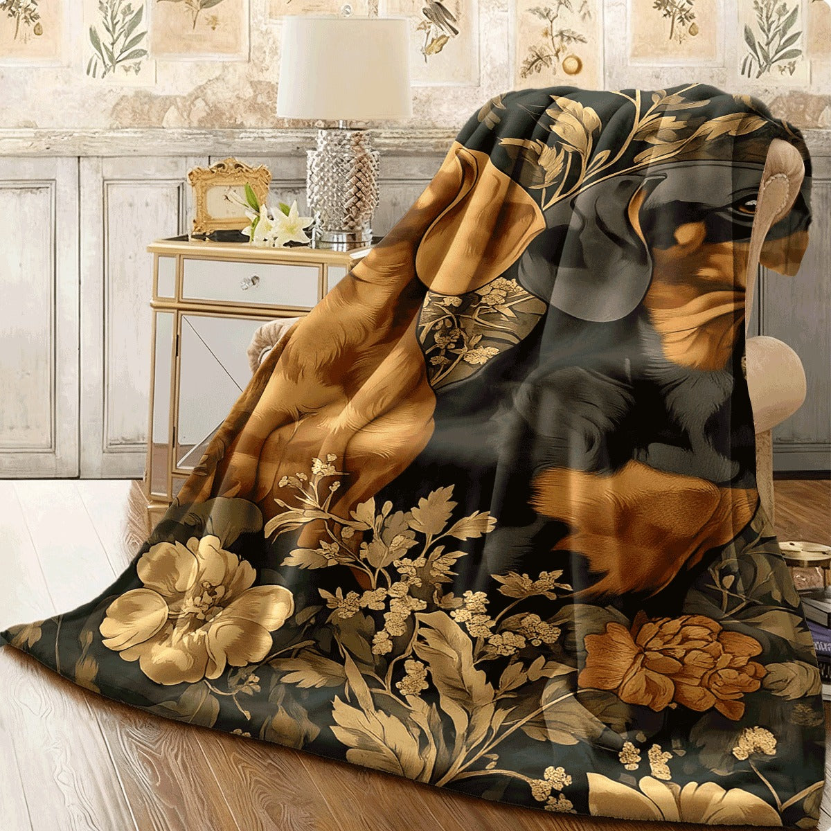 1pc Cozy Dachshund Dogs & Floral Frame Flannel Blanket Soft All-Season Office Throw, Vintage Fantasy Design with Two Dachshunds & Botanical Foliage, Warm-Toned Home Decor for Birthdays & Holida