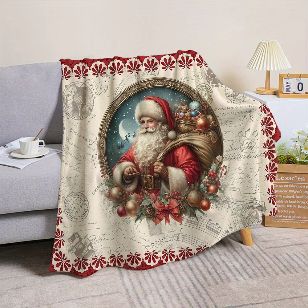 1pc Santa Claus And Holiday Decor Flannel Blanket, Soft Comfortable Warm, Beige And Red Design, All-Season Sofa Blanket, Warm Throw Blanket, Multiple Sizes Available, Suitable for Living Room Sofa, Bedroom, Reading Corner, Holiday Parties