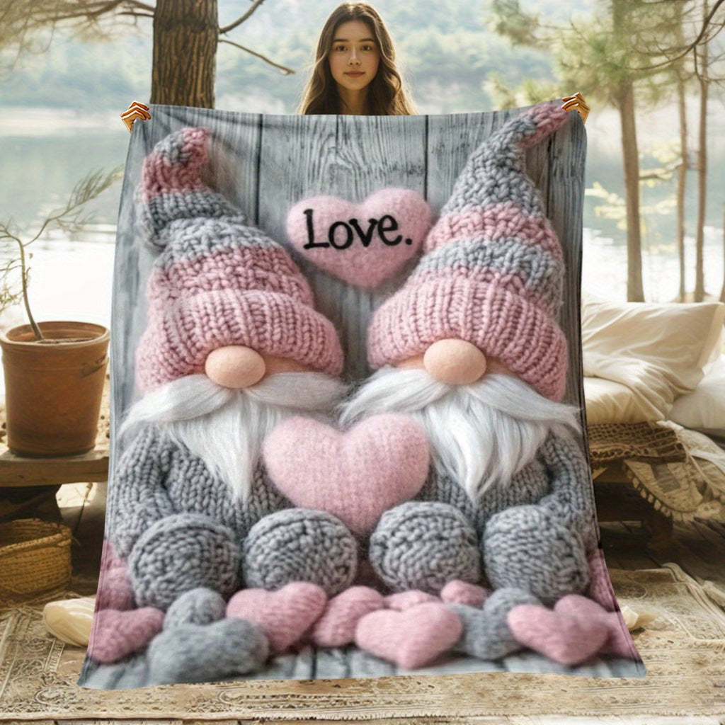 1pc 2D Flat Print, Cute Gnome with Heart-patterned Blanket, Soft Flannel Throw¡ªpink and Gray Design, Multiple Sizes Available, Suitable for Living Room, Bedroom, Sofa, Bedside, and Reading Area, 2D Flat