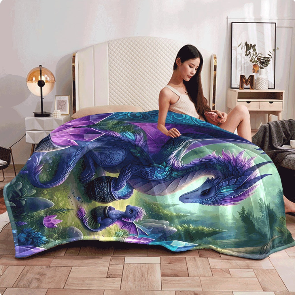 A Single Piece of Flannel Blanket Featuring a Dragon And Youngling Forest Scene, Made of Soft And Warm Polyester, Suitable for Use on a Sofa, in The Office, While Camping