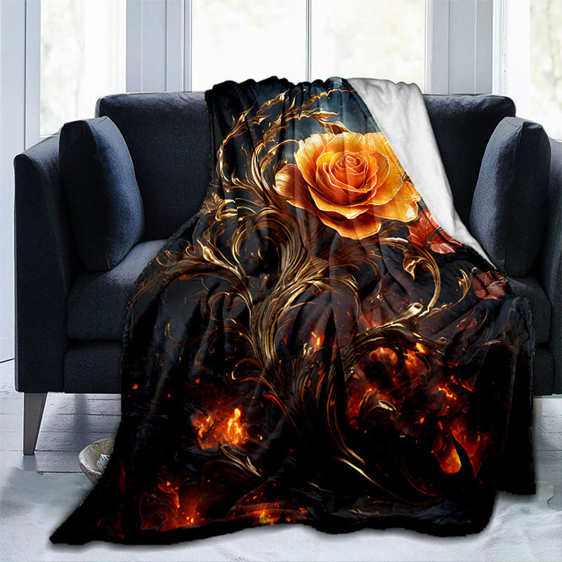 1pc Golden Rose Print Blanket, Romantic Artistic Throw, Ultra-Warm Soft And Comfortable, Flannel Blanket, Multi-Size Available, Suitable for Living Room, Bedroom, Balcony, Courtyard
