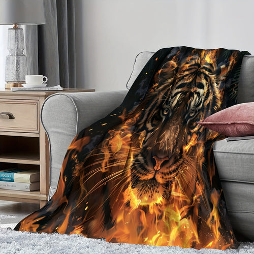 1pc 2D Flat Printing, Flame Tiger Pattern Blanket, Soft Fleece Blanket, Black And Orange Design, All Seasons, Warm Throw, Multiple Sizes Available, Suitable for Living Room Sofa, Bedroom, Reading Corner, Leisure Time, And Home Decor