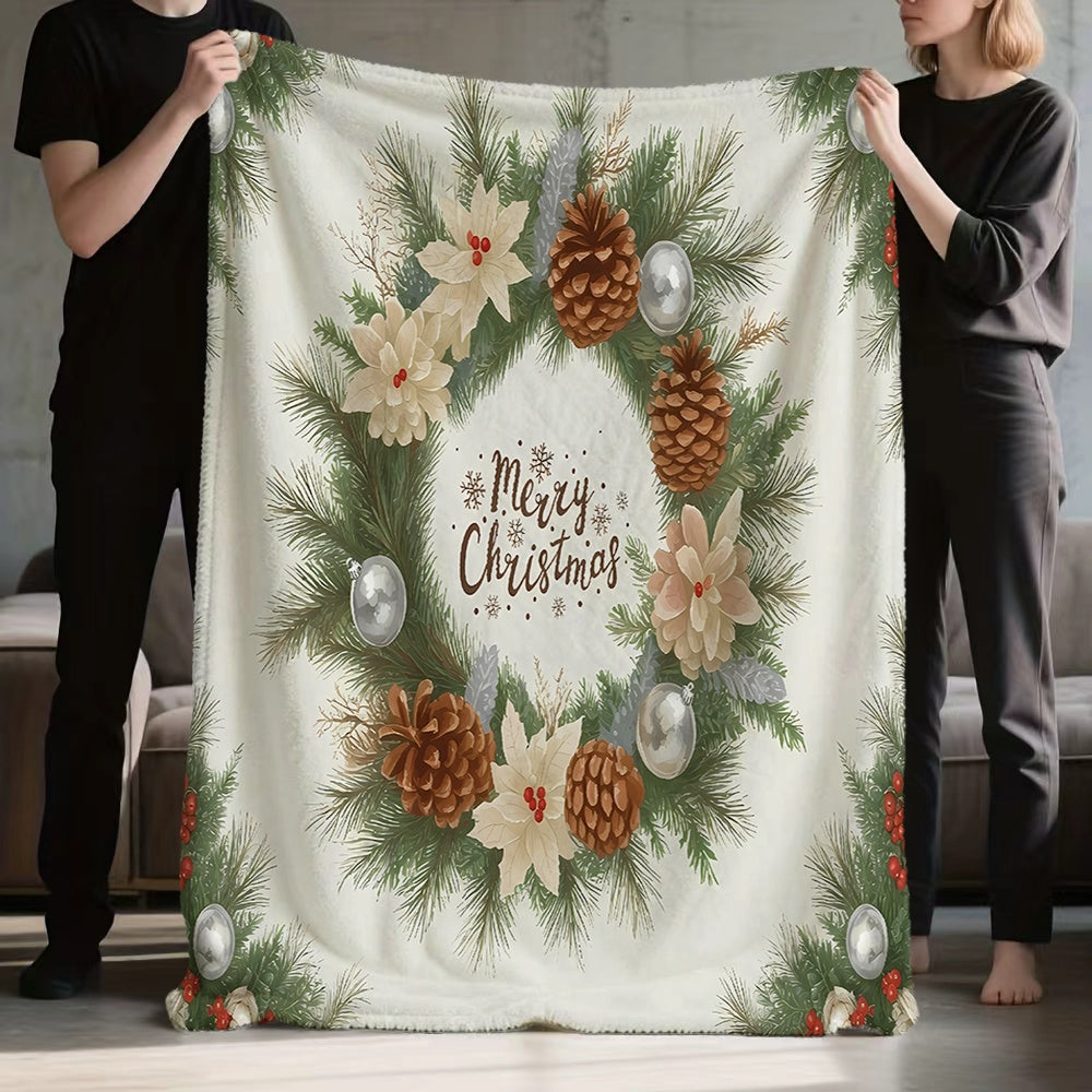1 Christmas Wreath Patterned Blanket, Soft, Comfortable, and Warm, with a White and Green Design. A Four-season Universal Throw, a Warm Lap Blanket, Available in Multiple Sizes. Suitable for Living Room Sofas, Bedroom, Leisure Reading