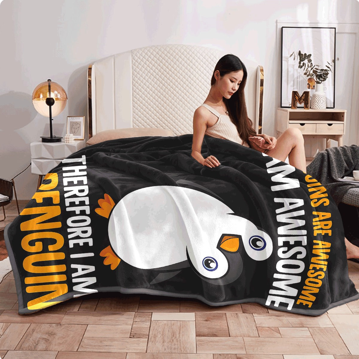 1pc Soft Flannel Blanket Cute Penguin Print with Penguins Are Awesome I Am Awesome Therefore I Am A Penguin Slogan Black Background Cozy for Couch Bed All Season