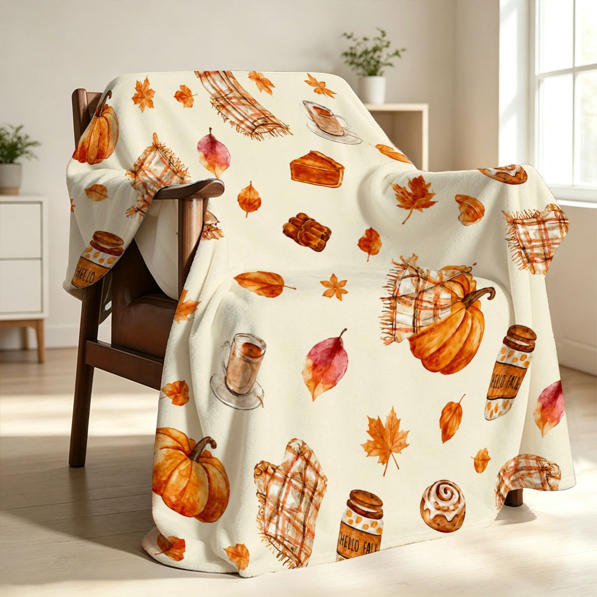 1pc Watercolor Autumn Pumpkin Maple Leaf Dessert Outdoor Blanket, Ideal Warm Throw Blanket, Family Gift, Birthday Gift, Halloween Gift, Christmas Gift, Thanksgiving Gift,  Gift, Can Be Given as a Gift Blanket to Best Friends, Outdoor Blanket