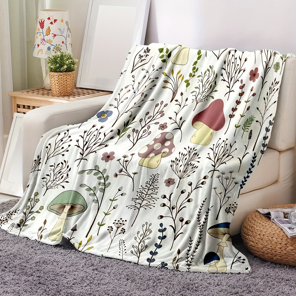 Cozy Mushroom Pattern Flannel Throw Blanket- Soft, Warm& Lightweight for Couch,, Travel, and Office Use- Perfect Gift Idea