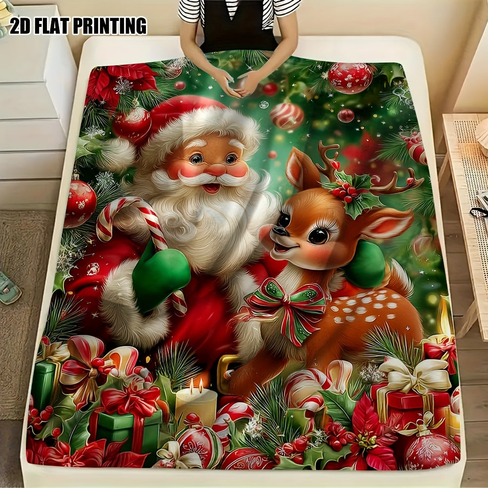 2D Flat Printing Christmas Multi-Functional Blanket with Cute Santa, Reindeer, And Candy Bar Design. Made of 100% Polyester Fiber, Perfect for Thanksgiving Gifts. Ideal for Parties, Karaoke, Sofas, And Pets