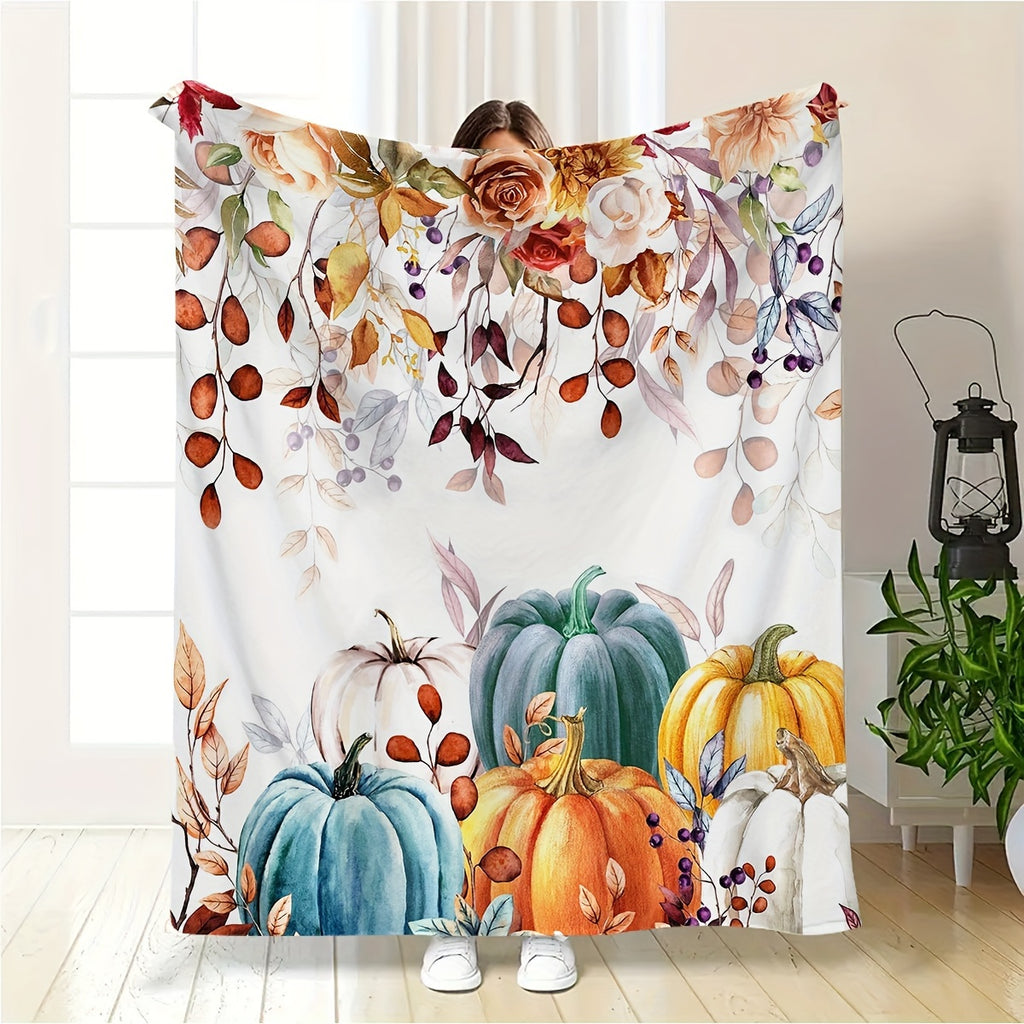 Contemporary Flannel Blanket Featuring a Pumpkin Design for Autumn, Providing Softness And Comfort Throughout The Year. This Versatile Printed Blanket Is Ideal for Travel, Camping, Use on Sofas And Beds, And for Decorating Office Spaces