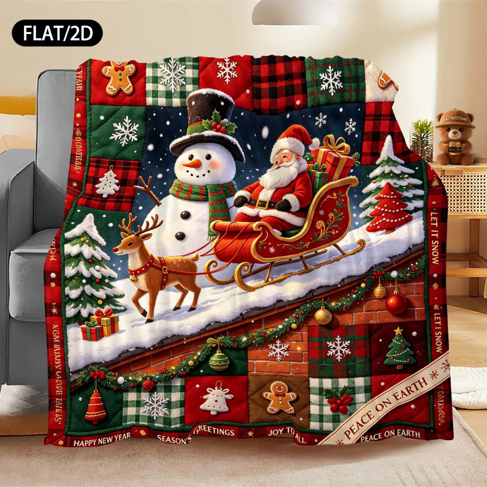 Flat/2D Digital Print Flannel Blanket Cover Blanket, Christmas And New Year Country Patchwork Pattern, Santa Claus Sleigh, Big Snowman, Reindeer, Gingerbread Man Christmas Tree Bell Snowflake Elements, Soft And Warm And Comfortable