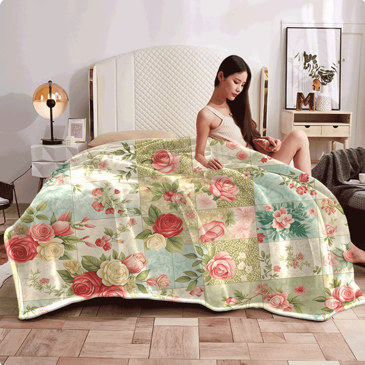 1pc One Rose and Patchwork Warm Romantic Style Pattern Printed Flannel Blanket Fashionable Soft Warm Suitable for All Seasons Multifunctional Gift Print Blanket Perfectly Fits Sofa Office
