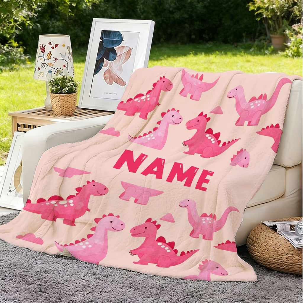 Personalized Custom Name Blanket - Cute Pink Little Dinosaur Fleece Blanket - Gift for Outdoor Enthusiasts - All-Season Plush Blanket - Suitable for Home And Travel - Comfortable Personalized Blanket - Ideal Holiday Gift for Family And Friends