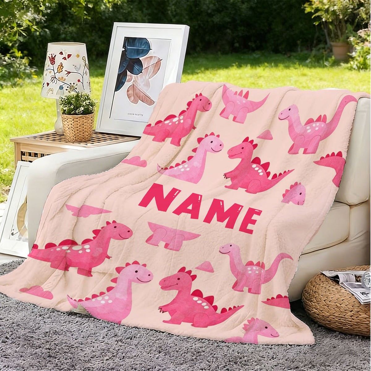 Personalized Custom Name Blanket - Cute Pink Little Dinosaur Fleece Blanket - Gift for Outdoor Enthusiasts - All-Season Plush Blanket - Suitable for Home And Travel - Comfortable Personalized Blanket - Ideal Holiday Gift for Family And Friends