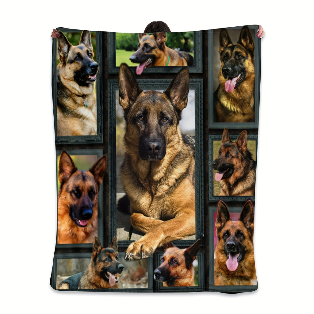 1pc German Shepherd Print Flannel Blanket for Adults - Soft Warm All-Season Throw with Multi-Color Vintage Dog Collar & Tag Design, Hand Wash Only, Perfect for Couch, Sofa, Bed, Office, Camping, Travel - Ideal Gift for Dog Lovers, Dog Blanket, Dogthemed D